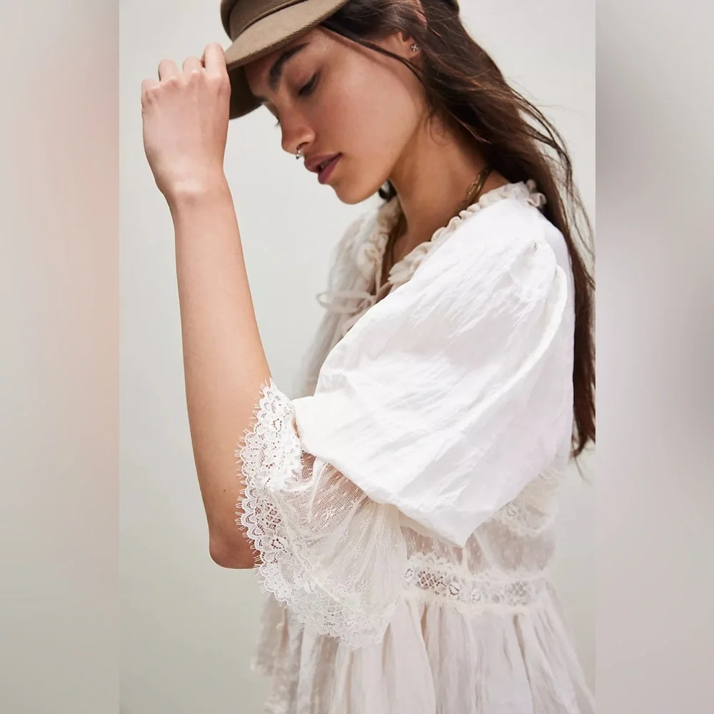 NWT FREE PEOPLE Forever Young Bed Jacket White INTIMATELY TOP LACE IVORY SIZE - Picture 5 of 10